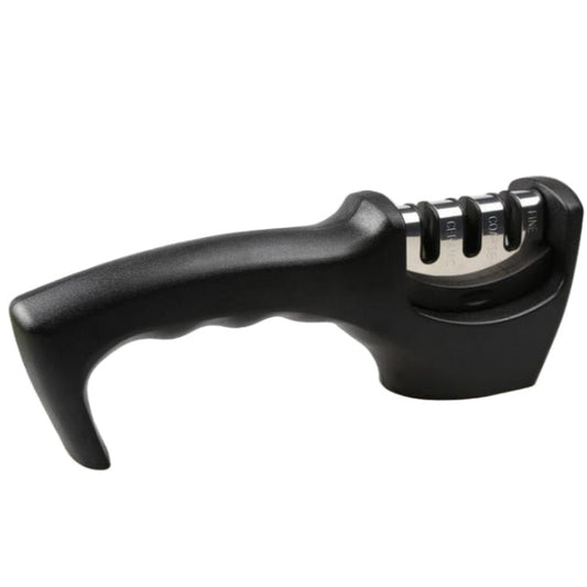 Black kitchen knife sharpener on a white background