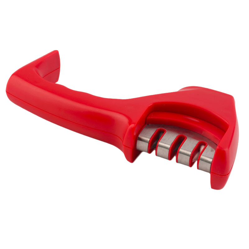 Red kitchen knife sharpener on a white background