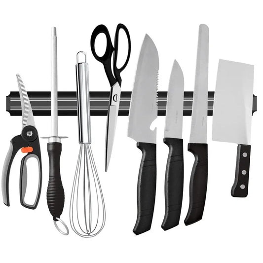 Wall Mounted Magnetic Knife Rack with kitchen utensils, knives and scissors with black handles