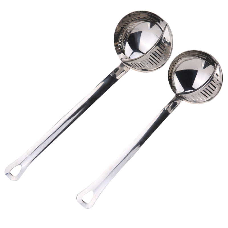 two steel soup ladles with strainers on a white background