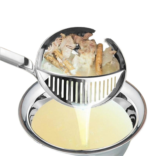 steel soup ladle straining soup into a bowl