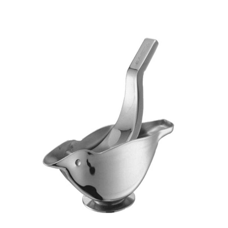 Stainless steel lemon squeezer ladle on a white background