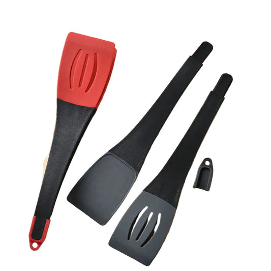 red and black 3-in-1 silicone kitchen spatula & tongs 