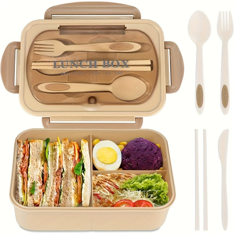 beige bento lunch box with cutlery and food