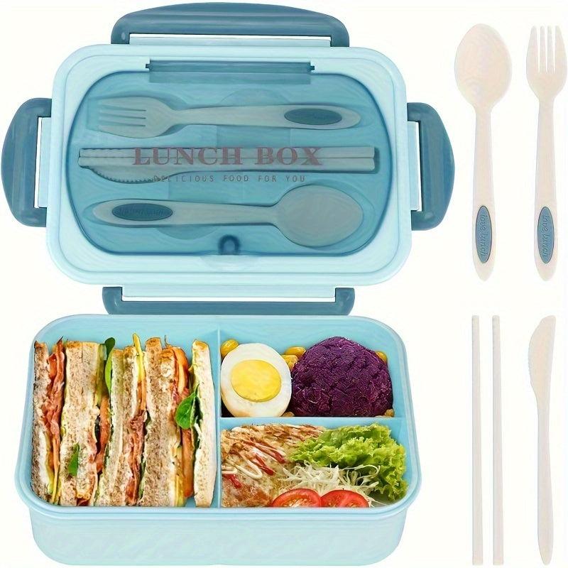 blue bento lunch box with cutlery and food