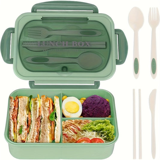 green bento lunch box with cutlery and food