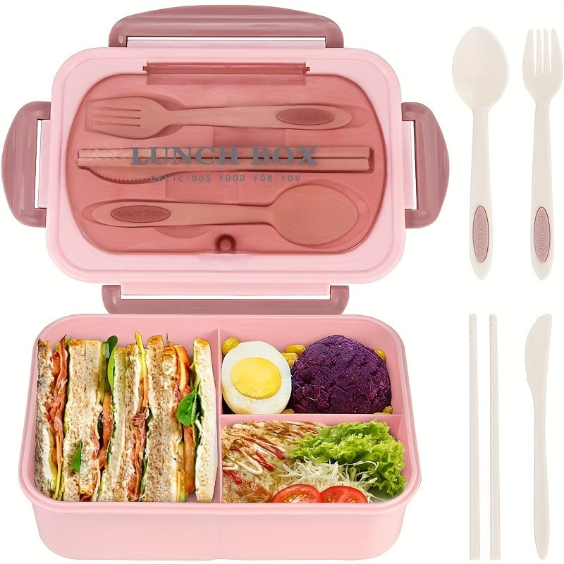 pink bento lunch box with cutlery and food