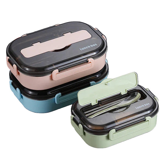 blue, pink and green two grid bento lunch boxes with cutlery