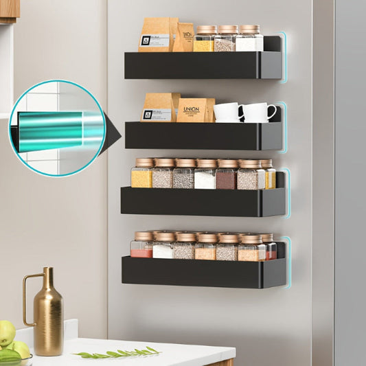 four black magnetic spice racks on the side of a refrigerator