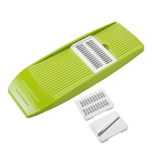 green mandolin slicer with two steel blades