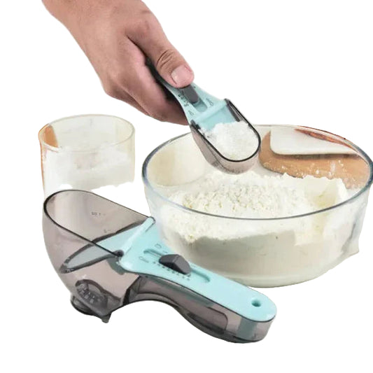 person weighing flour with a blue and grey spoon measure