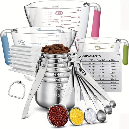 Set of measuring cups and spoons with various capacities and color handles on a white background.