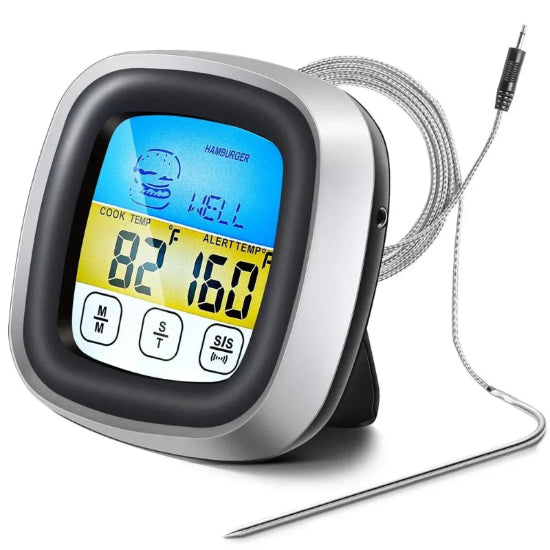 Digital thermometer with probe on a white background