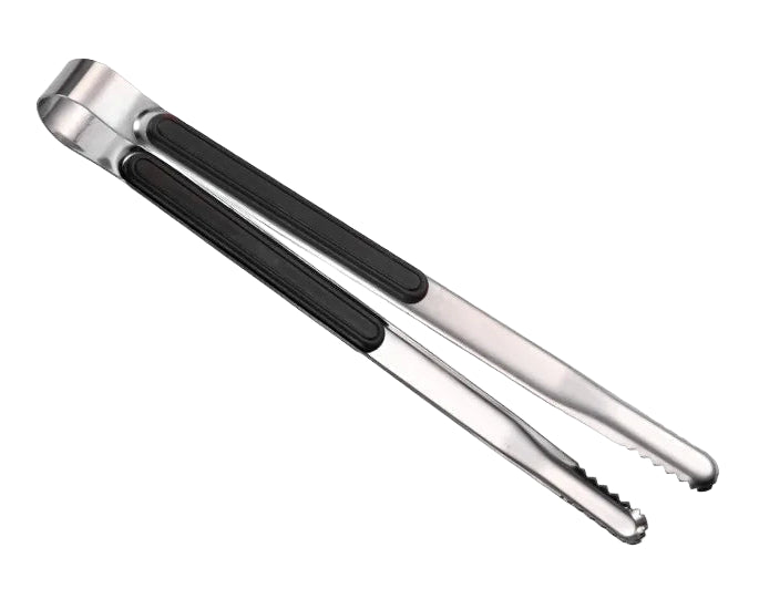 Metal tongs with black handle and measurements on a white background