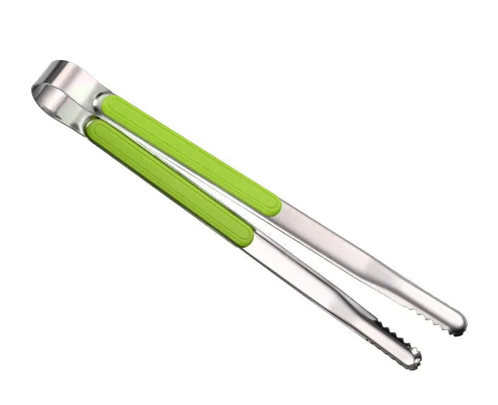 Green-handled kitchen tongs with measurements on a white background