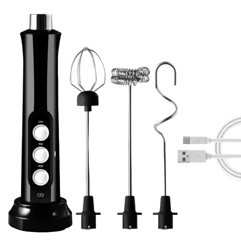 USB charged black milk frother with three changeable heads