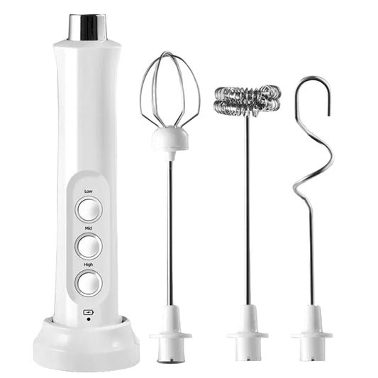 USB charged white milk frother with three changeable heads