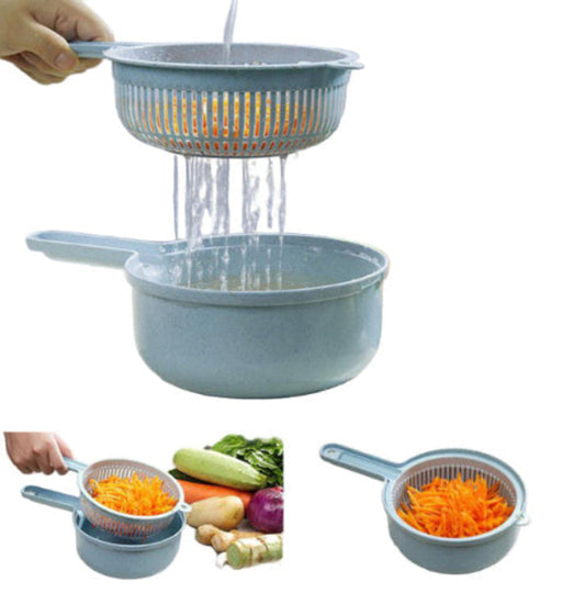 collage of blue drainers and bowls draining vegetables