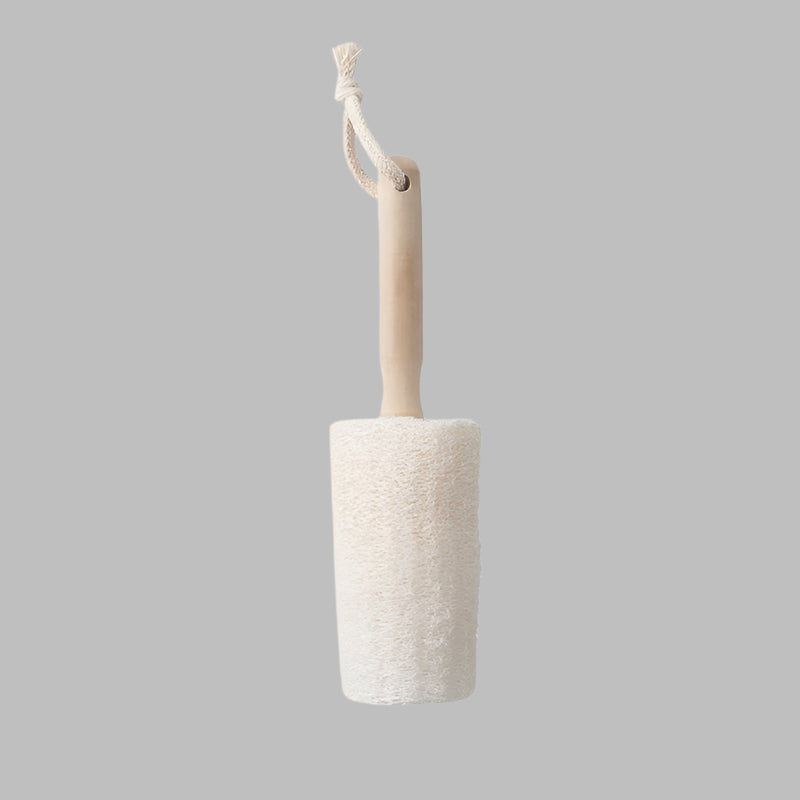 picture of a loofah brush with a wooden handle on a light grey background