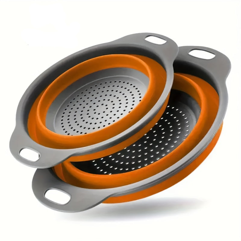 Collapsible orange and grey silicone strainer in two sizes on a white background