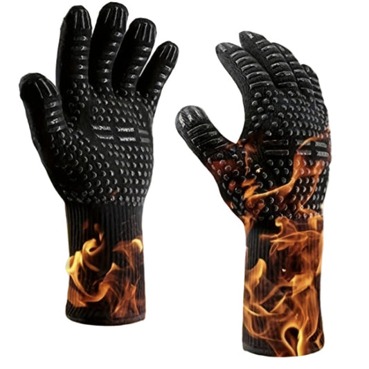 black studded oven and bbq mitts with orange flames