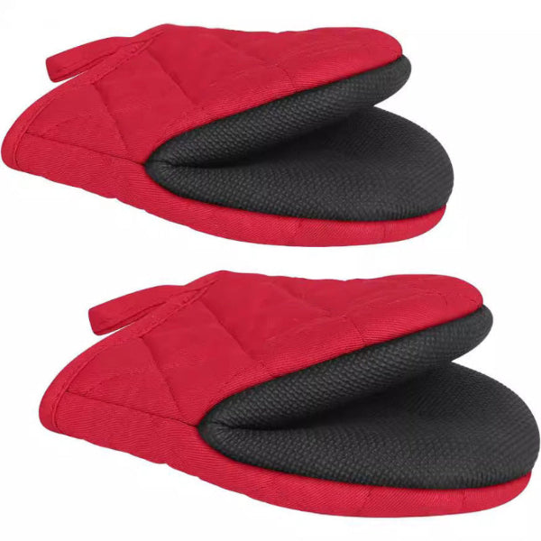 Two red oven mitts with black interior on a white background