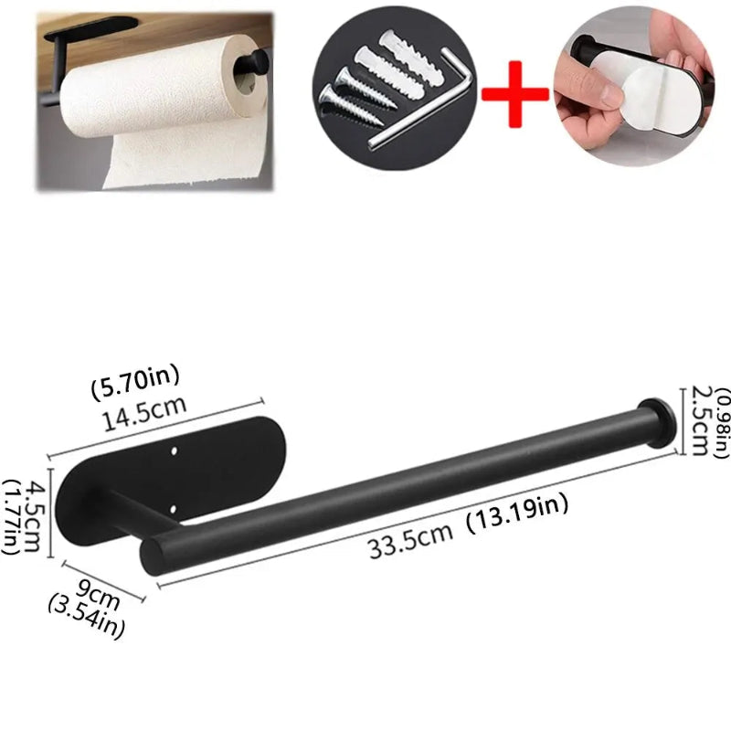 Black paper towel holder with fixing methods and dimensions on a white background