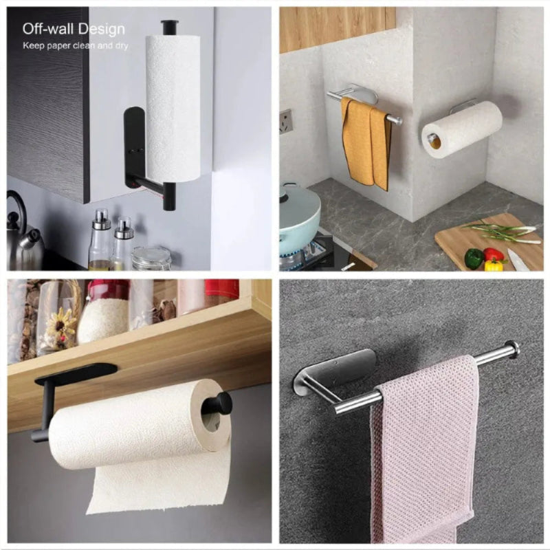 Collage of paper towel holders in various settings including a kitchen and bathroom.
