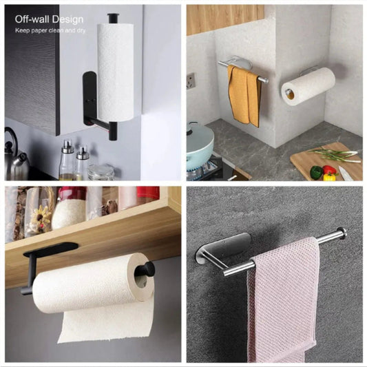 Collage of paper towel holders in various settings including a kitchen and bathroom.