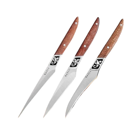 three paring knives with a black  embossed emblem, silver blades and wooden handles