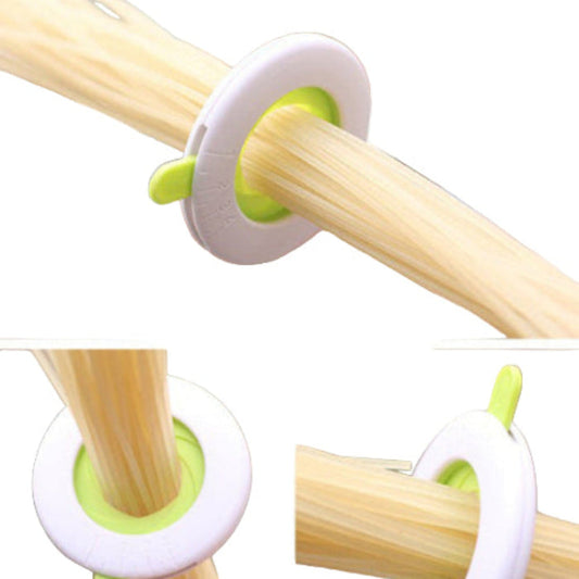 collage of spaghetti being measured in a white and green circular measuring tool