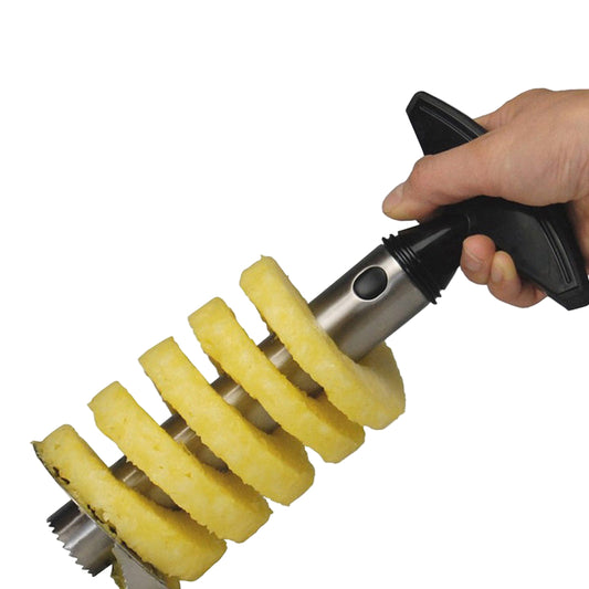 black and silver pineapple corer tool with pineapple rings