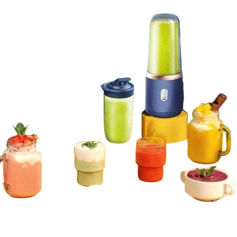 Portable blender with various colored cups and containers on a white background