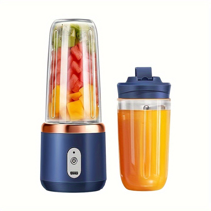 Blender with a container filled with fruits and a separate container of juice on a white background