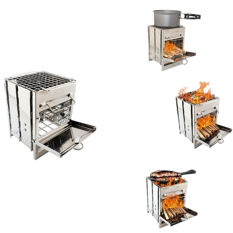 Multifunctional outdoor cooking stove with different uses on a white background