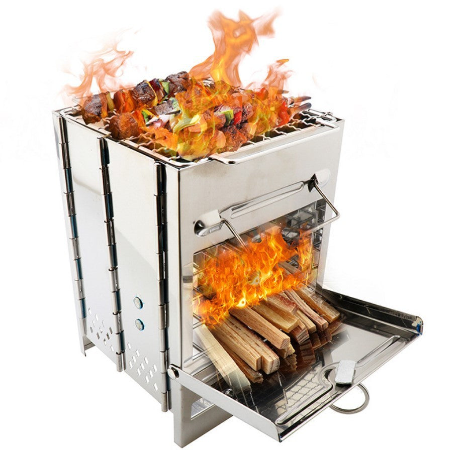 Portable metal grill with flames and food on a white background