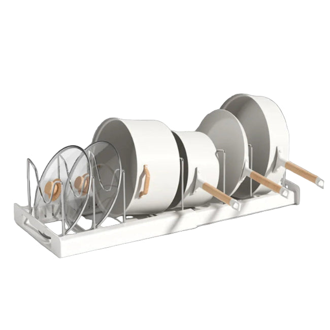 white pot rack with pots, pans and lids on a white background