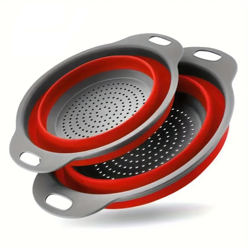 Collapsible red and gray strainers of different sizes on a white background