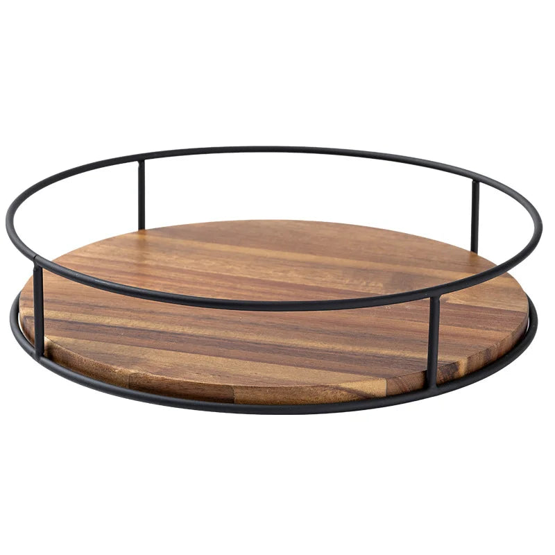 wood and steel revolving condiment tray on a white background