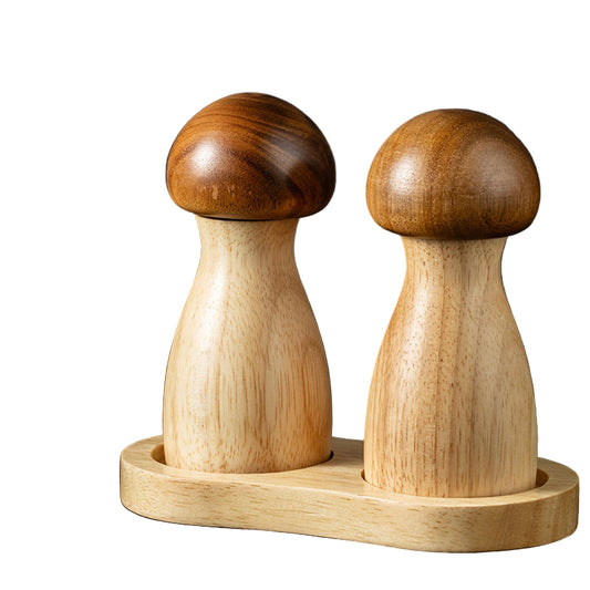 Wooden salt and pepper shakers on a matching stand with a dark background