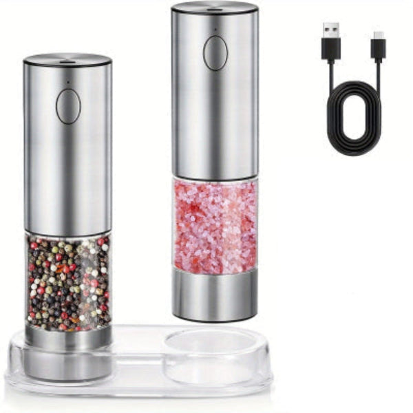 silver and clear usb chargeable salt and pepper set with black usb cable