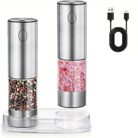 silver and clear usb chargeable salt and pepper set with black usb cable