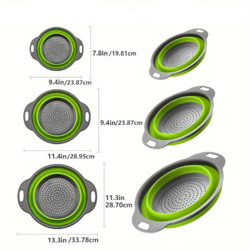 Set of green and gray collapsible colanders with measurements on a white background