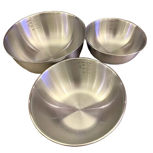 Set of three steel mixing bowls