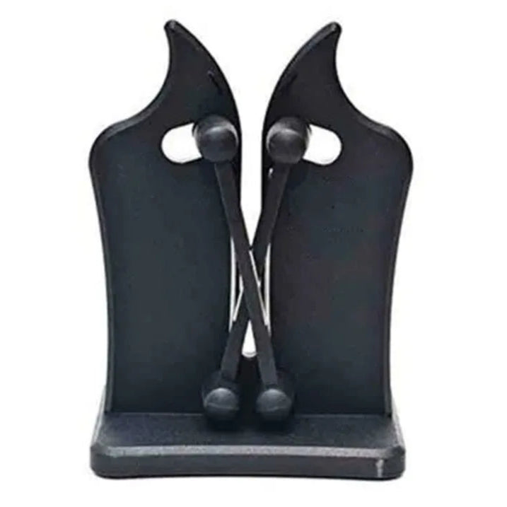 Black metal knife sharpener on a white background