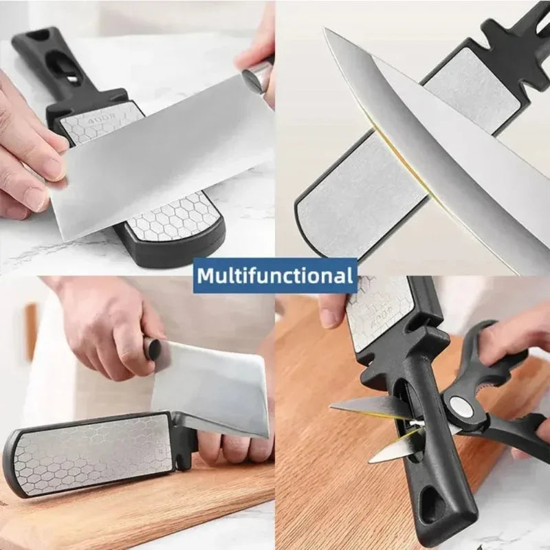 collage of a tablet knife sharpener with a black handle sharpening cleavers, scissors and a knife