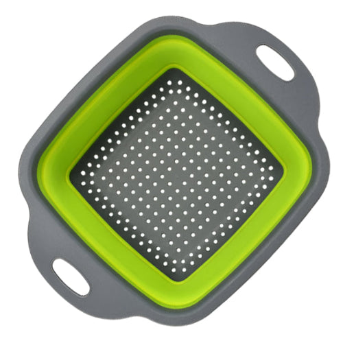 grey with green trim square colander
