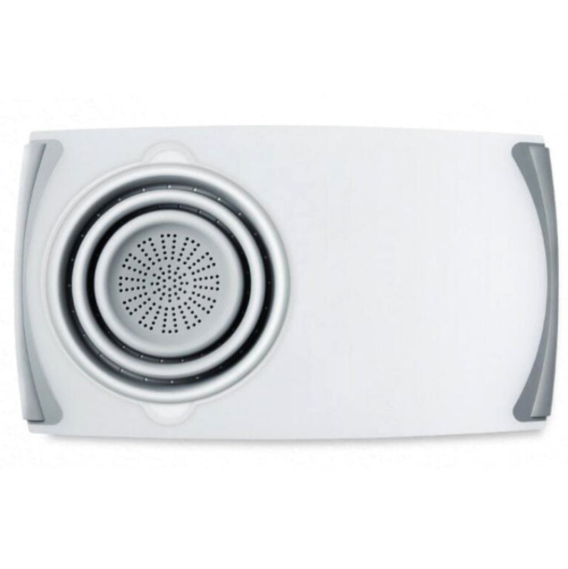 light grey rectangular cutting board with a drainage insert