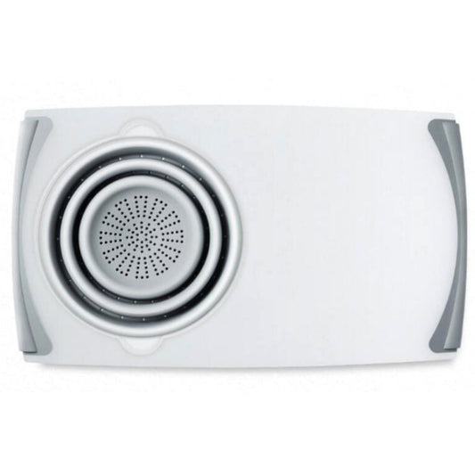 light grey rectangular cutting board with a drainage insert