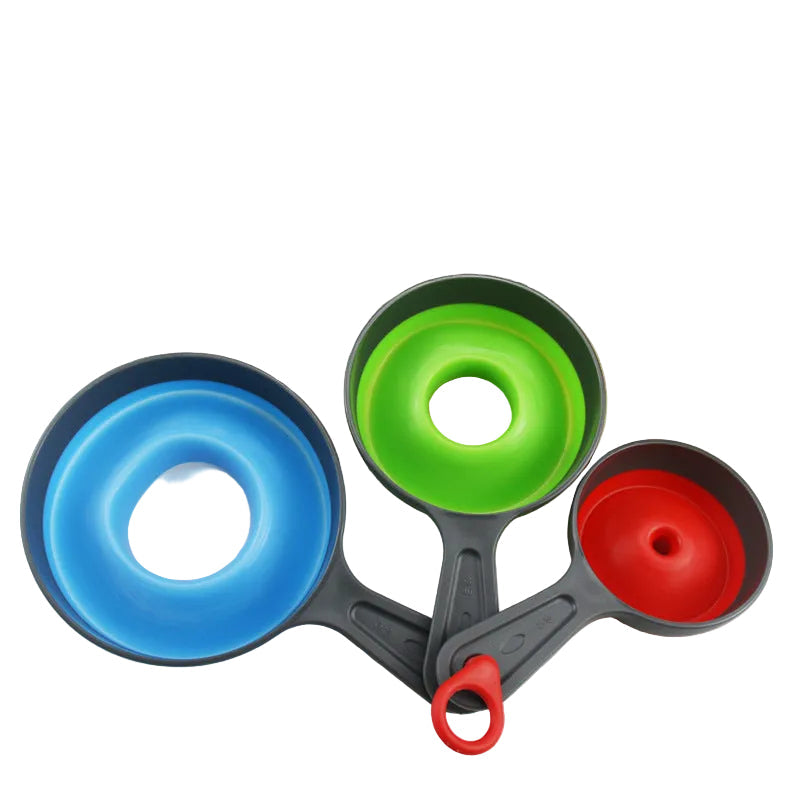 Collapsible silicone funnels in blue, green, and red on a white background 